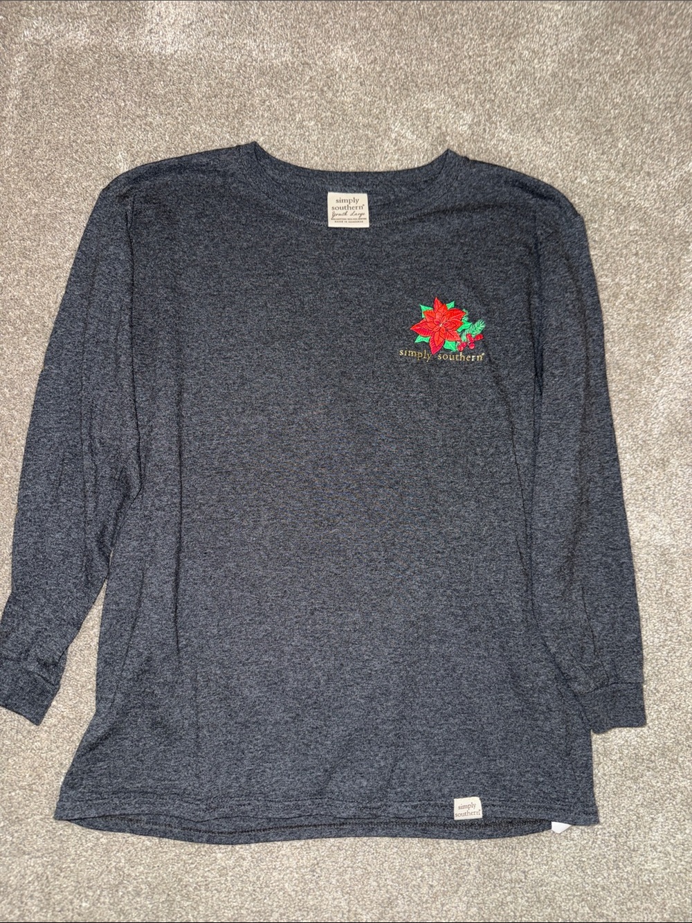 Simply Southern Kids Long Sleeve Tee - Charcoal with Red & Green Poinsettia